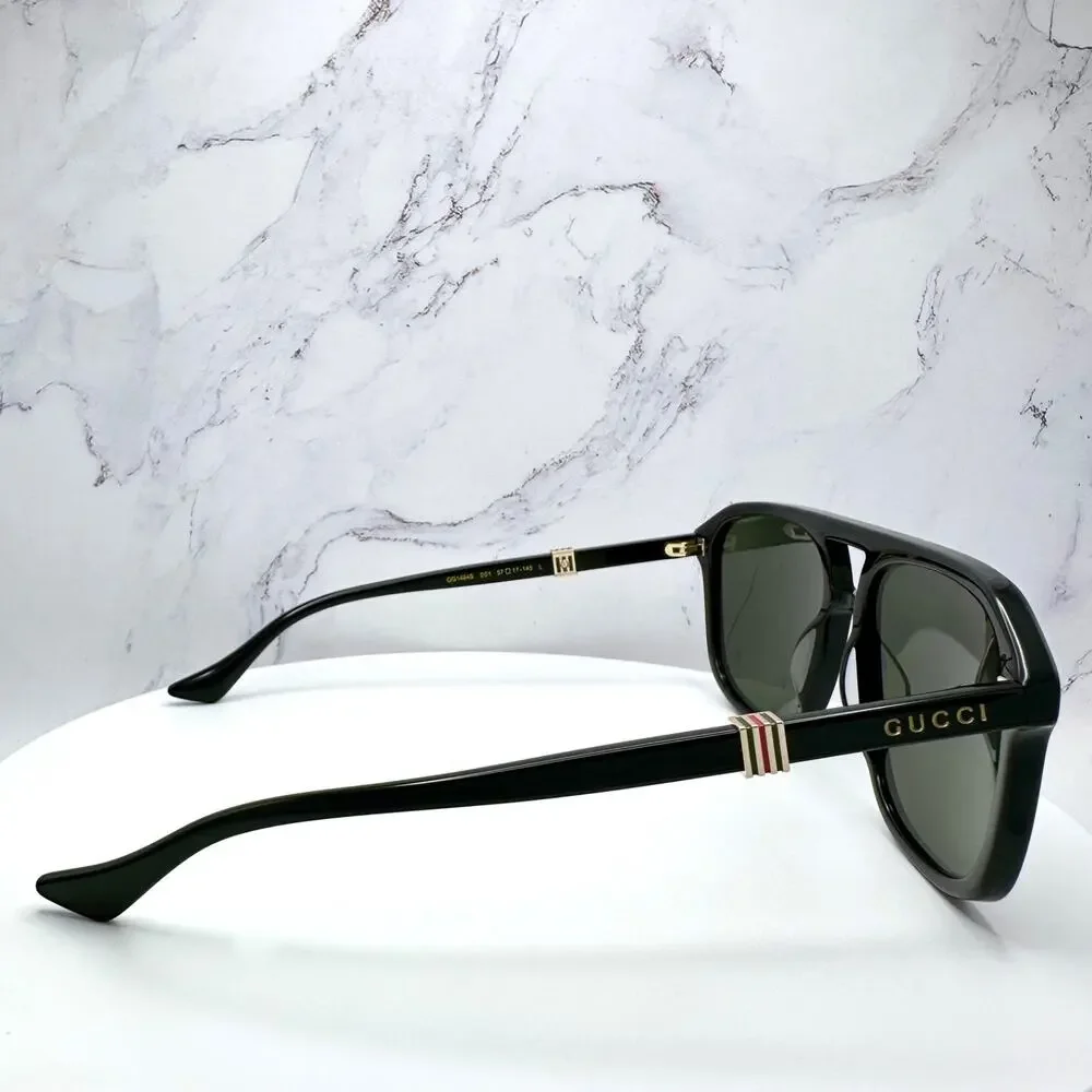 New GUCCI Sunglasses Black Aviator Pilot Gold Logo Metal Red Green Web Gucci